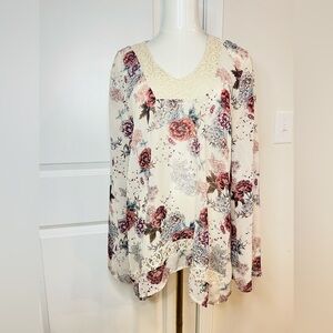 ABOUT A GIRL Boho Floral Tunic Blouse, Sheer Sz. XL